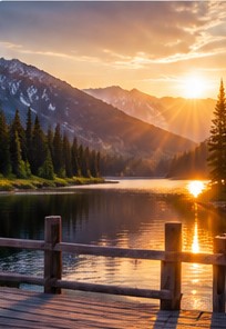 Dock on a mountain lake at sunset