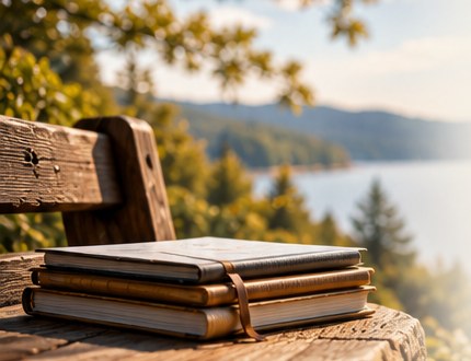 Books on a wooden bench overlooking a lake
